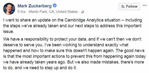 脸书用户数据泄露 扎克伯格发声认错